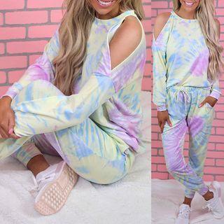 Set: Cold-shoulder Tie-dye Sweatshirt + Pants