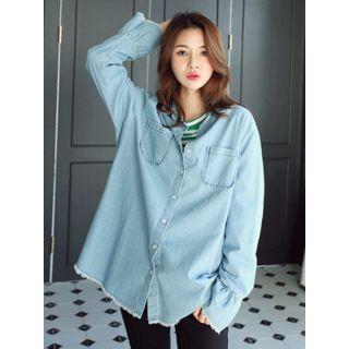 Shirred-cuff Fringe-edge Denim Shirt