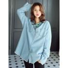 Shirred-cuff Fringe-edge Denim Shirt