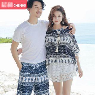 Set : Patterned Bikini + Cover-up + Shorts