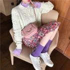 Long-sleeve Plain Top / Pom Pom Cardigan / Midi Floral A-line Skirt