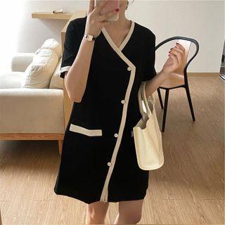 V-neck Contrast-trim Button-up Dress Black - One Size