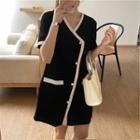 V-neck Contrast-trim Button-up Dress Black - One Size
