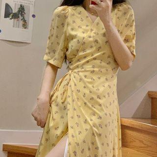 V-neck Floral Midi A-line Dress Floral - Yellow - One Size