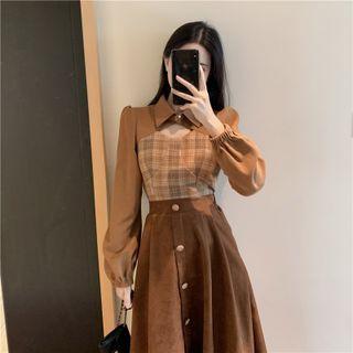 Long-sleeve Plaid Collared Cutout Blouse / High Waist Midi A-line Skirt