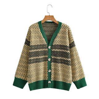 V-neck Color Block Cardigan Green - S