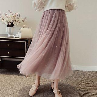 Sheer Panel Beaded Midi Skirt