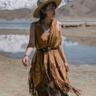 Cut-out Fringed Hem Vest Coffee - One Size