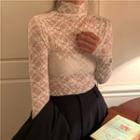 Long-sleeve High-neck Lace Top White - One Size