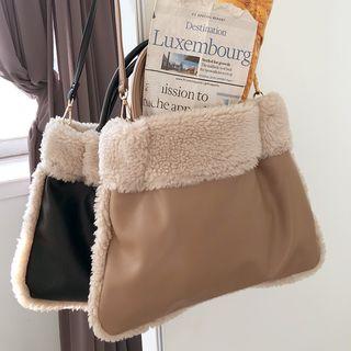 Fleece-panel Pleather Tote