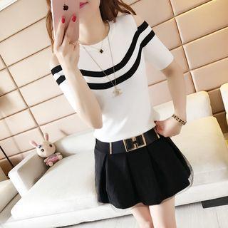 Cutout Shoulder Striped Knit Top