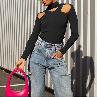 Long-sleeve Mock-neck Cutout Fitted Top