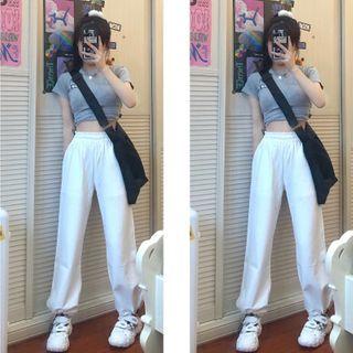 Short-sleeve Letter Printed Cropped Top / High-waist Plain Harem Pants