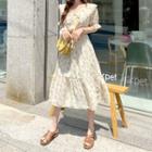 Frill-collar Floral Print Dress Beige - One Size