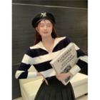 Striped V-neck Sweater / Pleated Mini A-line Skirt