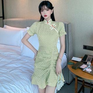 Short-sleeve Gingham Ruffled A-line Dress