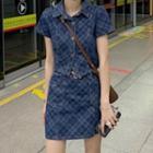 Short-sleeve Argyle Print Denim Shirt / A-line Denim Skirt / Belt / Set