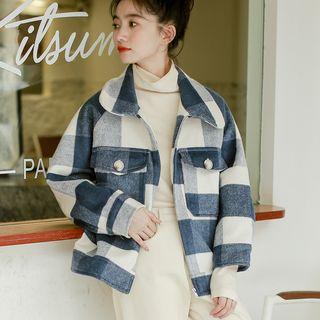 Plaid Button Jacket Blue - One Size