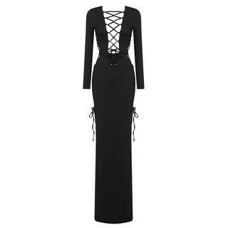 Long-sleeve Lace-up Slit A-line Dress