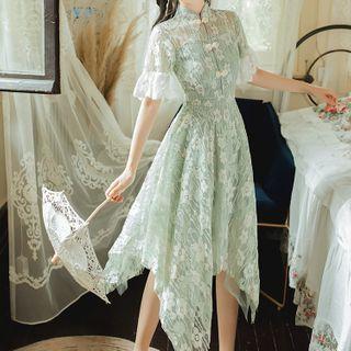 Short-sleeve Floral Lace Midi Qipao Dress