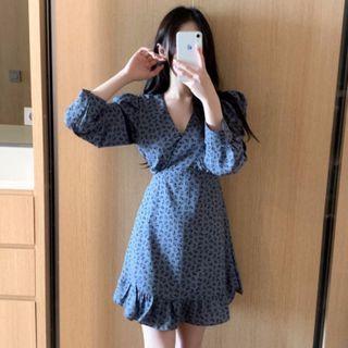 V-neck Ruffle Trim Floral Print A-line Mini Dress