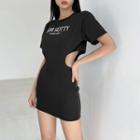 Short-sleeve Lettering Print Cutout Mini Bodycon Dress
