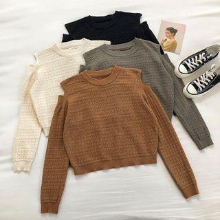Plain Crewneck Off-shoulder Long-sleeve Knit Top