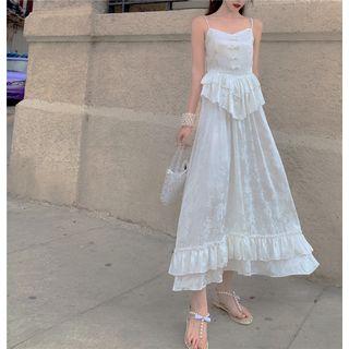 Bow Detail Ruffle Trim Spaghetti Strap Midi A-line Dress As Shown In Figure - One Size