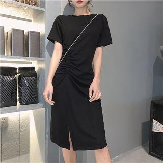 Plain Short-sleeve Shirred T-shirt Dress