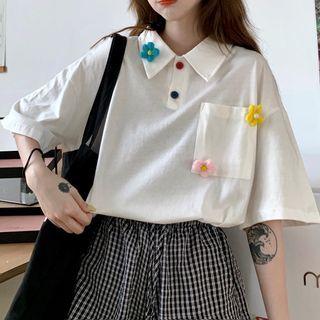Short-sleeve Collared Flower T-shirt