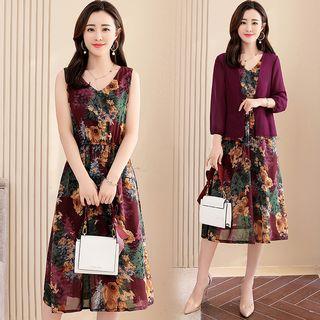 Set: Sleeveless Midi Floral Chiffon Dress + Open-front Jacket