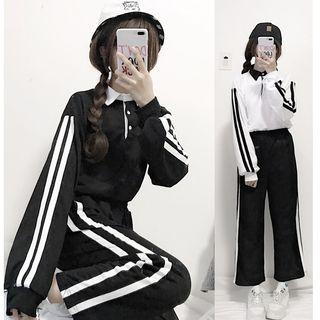 Contrast Trim Long-sleeve Polo Shirt / Wide-leg Pants