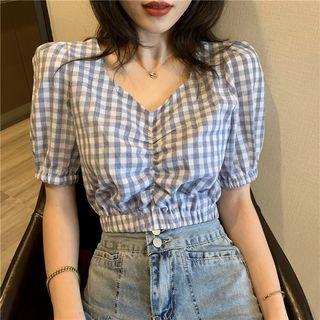 Check V-neck Short-sleeve Slim-fit Blouse