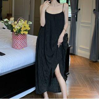 Spaghetti-strap Plain Midi Sundress Black - One Size