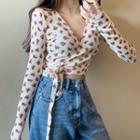 Floral Print Long-sleeve Cropped Wrap Top As Shown In Figure - One Size