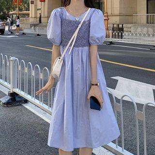 Set: Flower Print Cropped Camisole Top + Puff-sleeve Midi A-line Dress