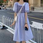 Set: Flower Print Cropped Camisole Top + Puff-sleeve Midi A-line Dress