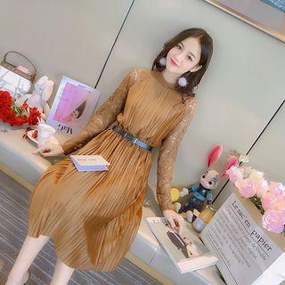 Lace Panel Pleated Long-sleeve Midi Dress