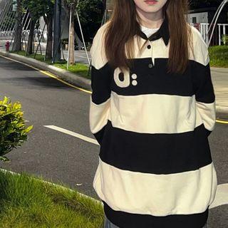 Long-sleeve Striped Oversized Polo Shirt