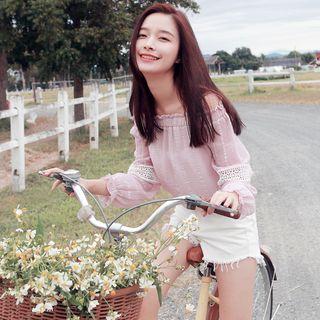 Crochet Panel Off Shoulder Long Sleeve Top