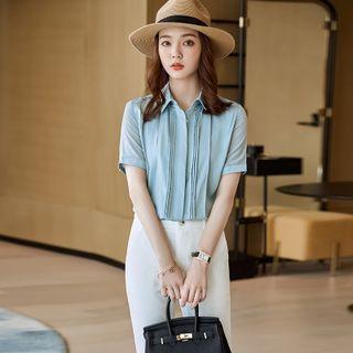 Short-sleeve Pintuck Shirt / Dress Pants / Midi Pencil Skirt / Set