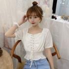 Lace-up Short-sleeve Blouse As Shown In Figure - One Size