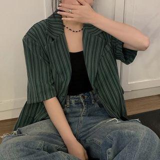 Elbow-sleeve Striped Blazer Green - One Size