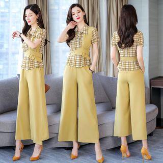 Set: Short-sleeve Plaid Top + Wide-leg Pants