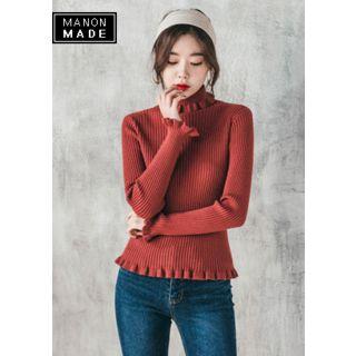 Turtleneck Frilled Slim-fit Knit Top