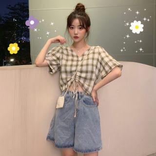 Short-sleeve Plaid Drawstring Crop Top