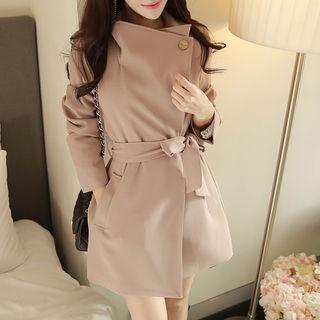 Stand-collar Buttoned Jacket With Sash