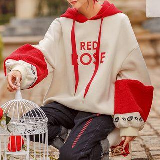 Color-block Rose Print Fleece Lining Hoodie