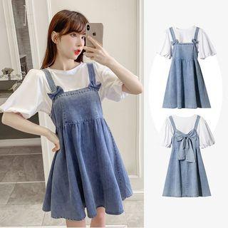 Set: Bell-sleeve Top + Ribbon Denim Mini A-line Overall Dress