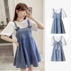 Set: Bell-sleeve Top + Ribbon Denim Mini A-line Overall Dress